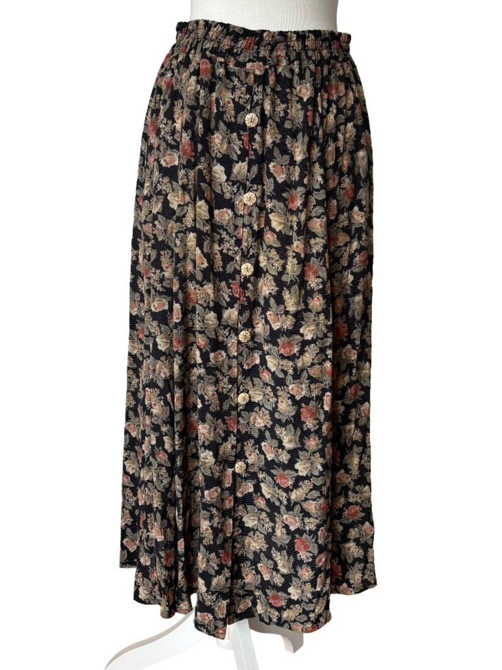 Vintage Black and Beige 80s Floral Rose High Rise A Line Flowy Midi Skirt Pocket